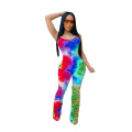 Color printed pleated suspenders jumpsuit A tight, elastic one-piece garment